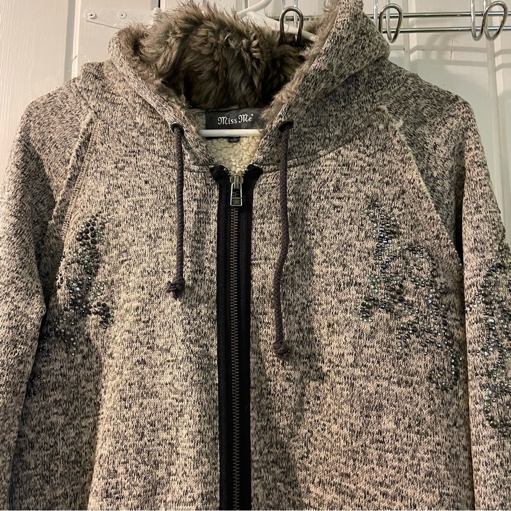 Miss me bling faux fur and Sherpa hoodie-medium EUC